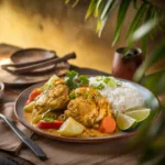 Jamaican curry chicken with rice, vegetables, and lime wedges on a rustic plate