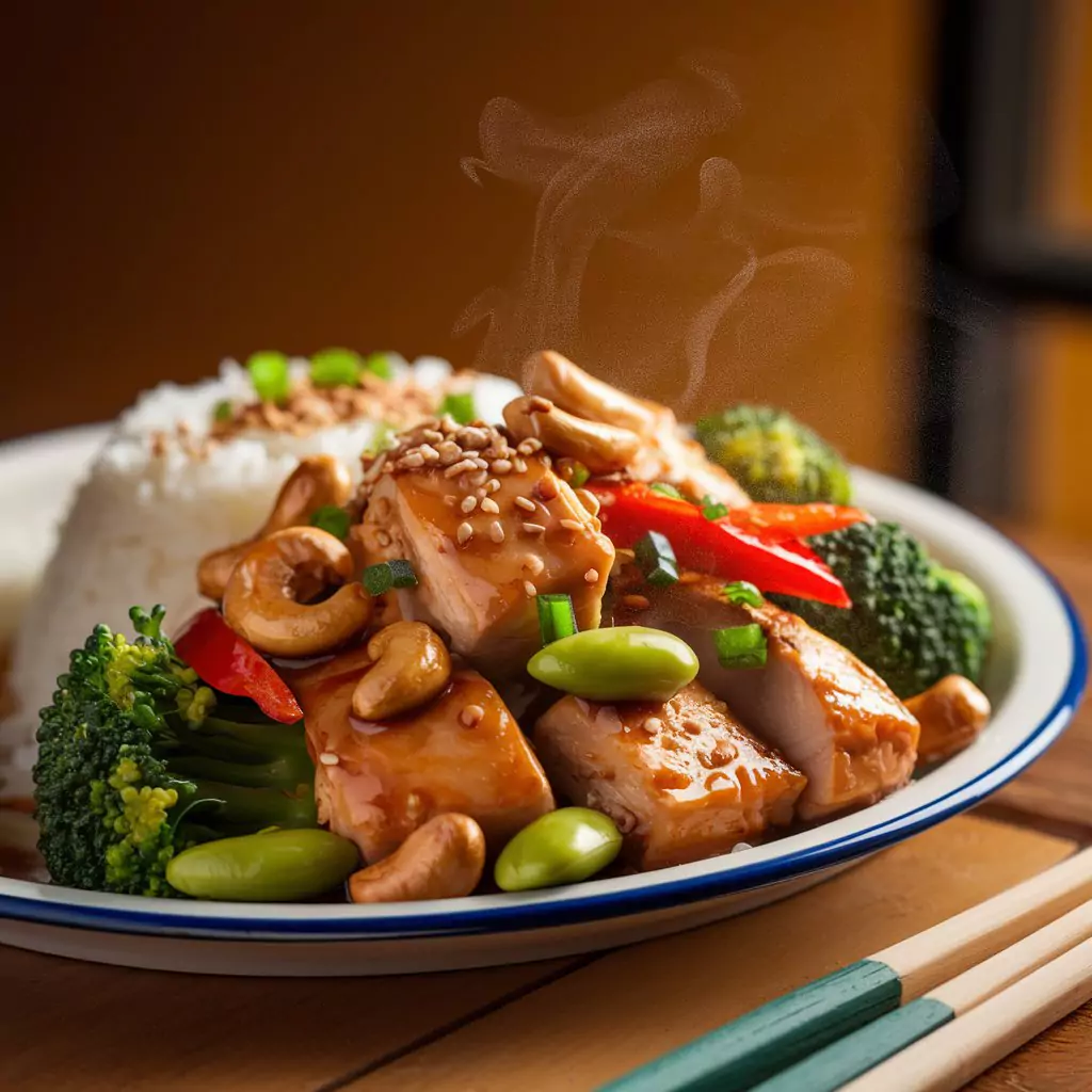 A steaming plate of Chinese-style stir-fry with chicken, broccoli, bell peppers, and cashews served with white rice