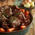 Homemade Beef Bourguignon with pearl onions in rustic setting