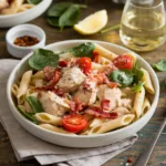 Creamy chicken and bacon pasta with spinach, tomatoes, and lemon in a white bowl