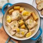 Creamy Chicken and Parsnip Blanquette in a shallow bowl, garnished with thyme and lemon zest, alongside crusty bread.