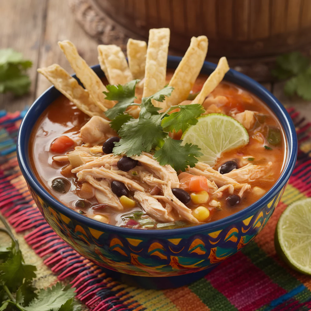 Bowl of creamy chicken enchilada soup with corn, black beans, topped with tortilla strips, cilantro, and lime wedge.