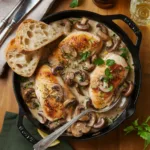 Creamy Mushroom Chicken Skillet in a cast-iron pan with golden-brown chicken breasts smothered in a rich mushroom sauce, garnished with fresh herbs