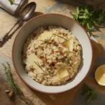 Creamy orzo risotto with caramelized leeks, alpine cheese, and toasted pine nuts Description: A close-up view of a creamy orzo risotto dish with caramelized leeks and melted alpine cheeses, garnished with fresh herbs and toasted pine nuts, served in a white ceramic bowl.