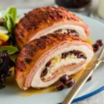 Sliced stuffed chicken breast with cheese and olives, wrapped in ham, on a white plate with herb garnish.
