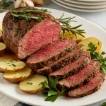 Sliced roast beef with herbs and crispy potato rounds on a rustic plate, garnished with fresh rosemary and thyme.