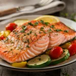 Pan-seared lemon herb salmon fillet with sautéed vegetables on a white plate