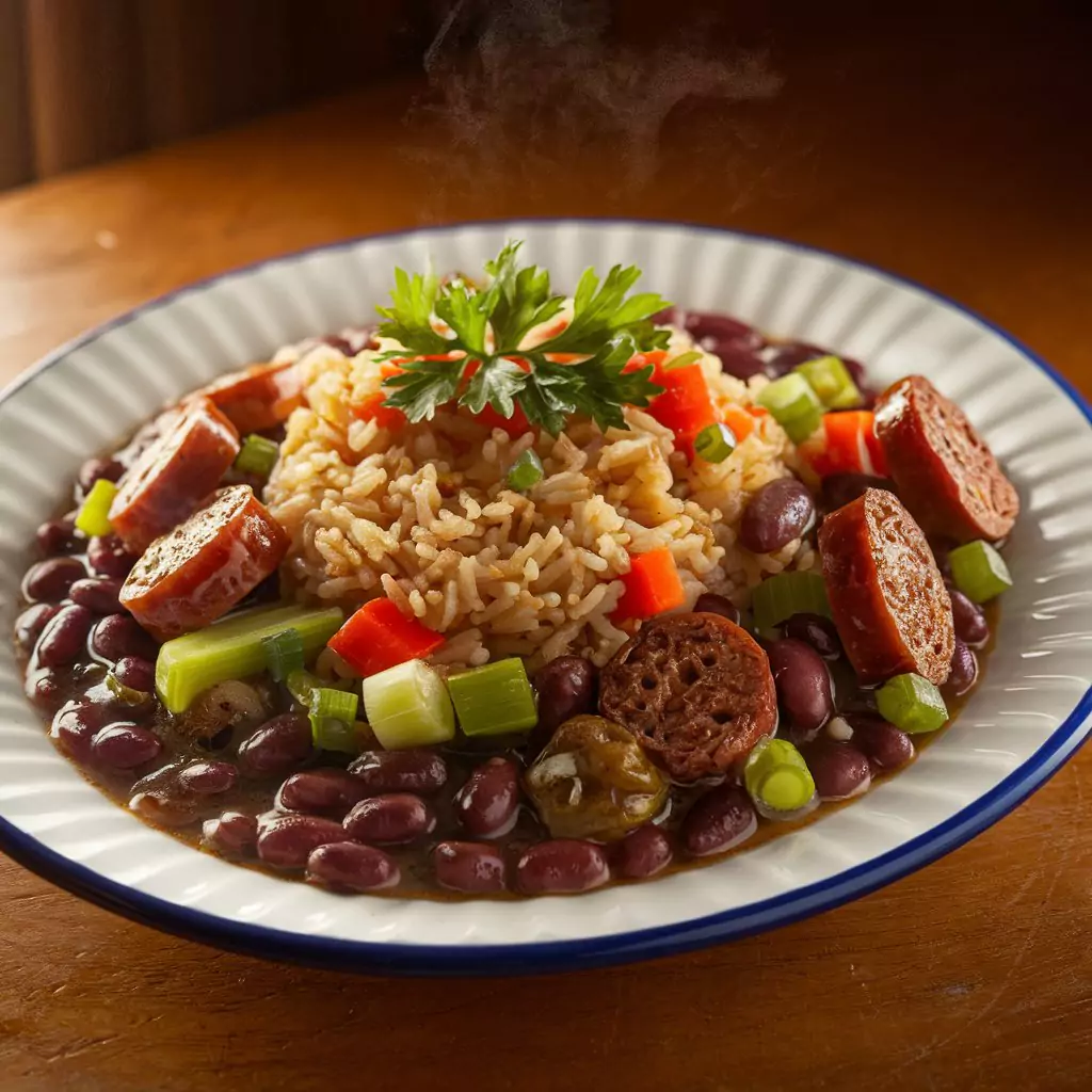 Hearty Louisiana Red Beans and Rice with Andouille sausage, bell peppers, and parsley on a white ceramic plate with a blue rim, set on a rustic wooden table.