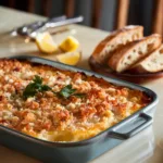 Maryland Crab Dip in a shallow baking dish with a golden brown crust, garnished with fresh parsley and served with toasted baguette slices.