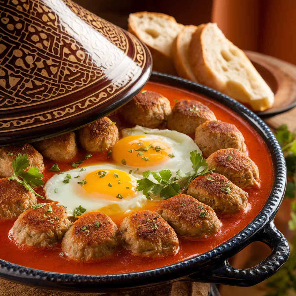 Moroccan Kefta Tagine with tomato sauce served in a traditional tagine pot with meatballs, poached eggs, chopped parsley, and cilantro on a rustic wooden table with warm bread.