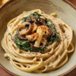 One-Pot Creamy Garlic Parmesan Pasta with Caramelized Mushrooms and Wilted Spinach in a white bowl