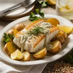 Pan-seared cod fillet with herbed mustard cream sauce and roasted potatoes