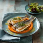 Pan-seared sea bream with citrus herb sauce and carrot purée