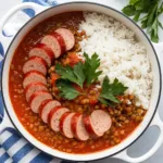 Hearty Réunion Rougail Saucisse: A steaming bowl of spicy sausage and lentil stew with rice, garnished with fresh herbs