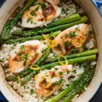 Dutch Oven Chicken Madeira with golden chicken breasts, bright asparagus, and fluffy rice in a rich Madeira wine sauce.