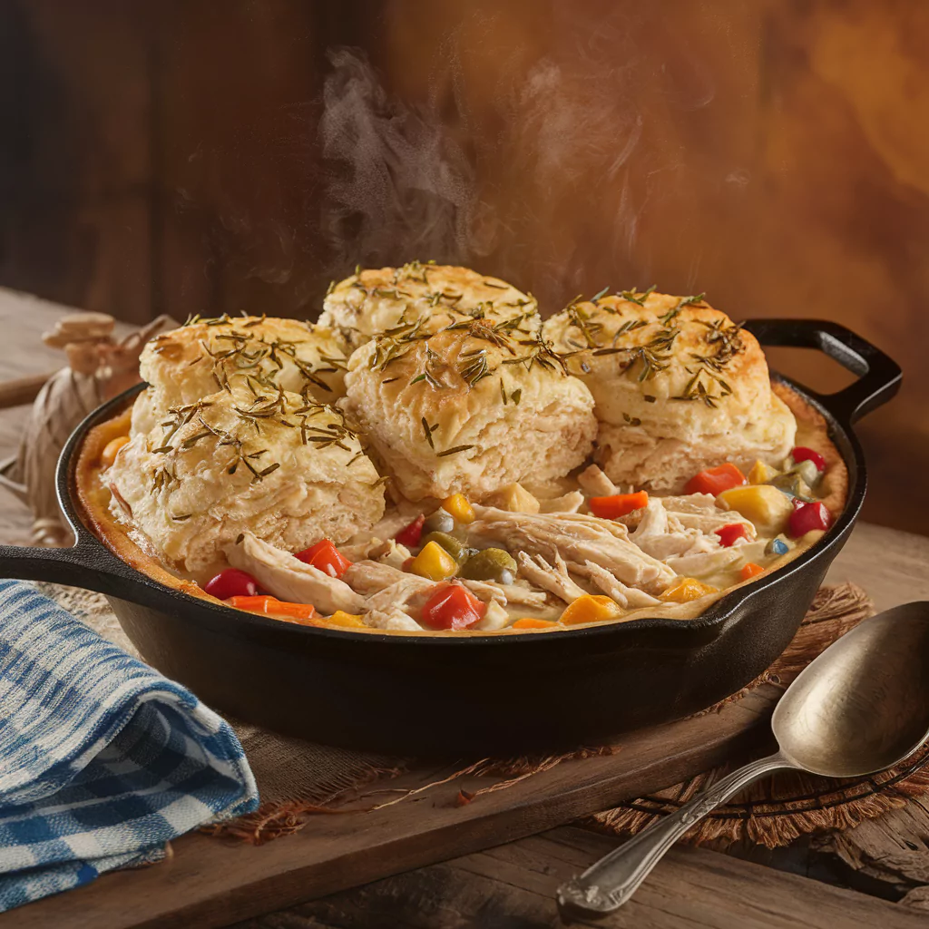 Skillet chicken pot pie with herb-crusted biscuits steaming in cast iron pan