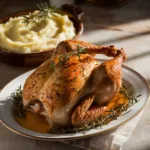 Golden roast chicken with herbs on white platter next to creamy mashed potatoes