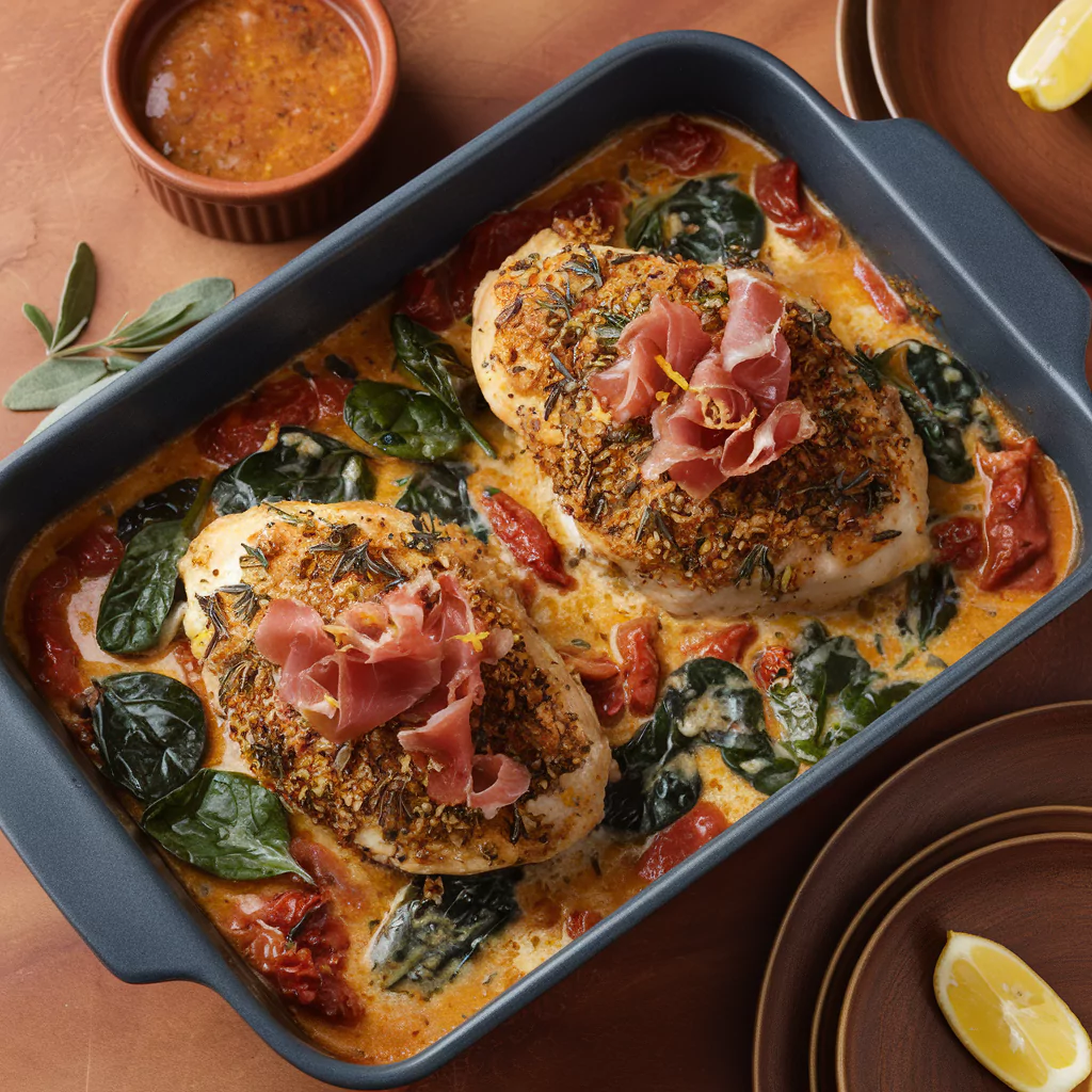 Herb-crusted chicken breasts in a creamy sauce with tomatoes, spinach, and prosciutto bits