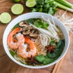 Vietnamese-Inspired Shrimp Noodle Soup: Succulent shrimp, rice noodles, and fresh herbs in a fragrant lemongrass-ginger broth.