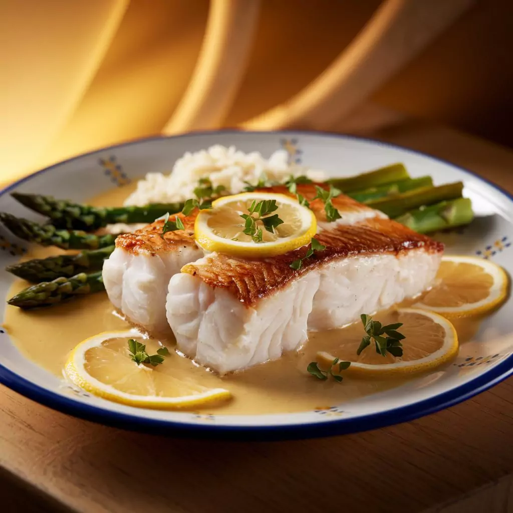 A close-up of a golden-brown cod fillet on a white and blue plate, drizzled with lemon butter sauce, served with steamed asparagus and rice. The dish is garnished with lemon slices and parsley, creating an appetizing and elegant presentation.