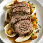 Herb-crusted pork tenderloin medallions with balsamic apple-pear compote and sautéed endives on a white oval platter