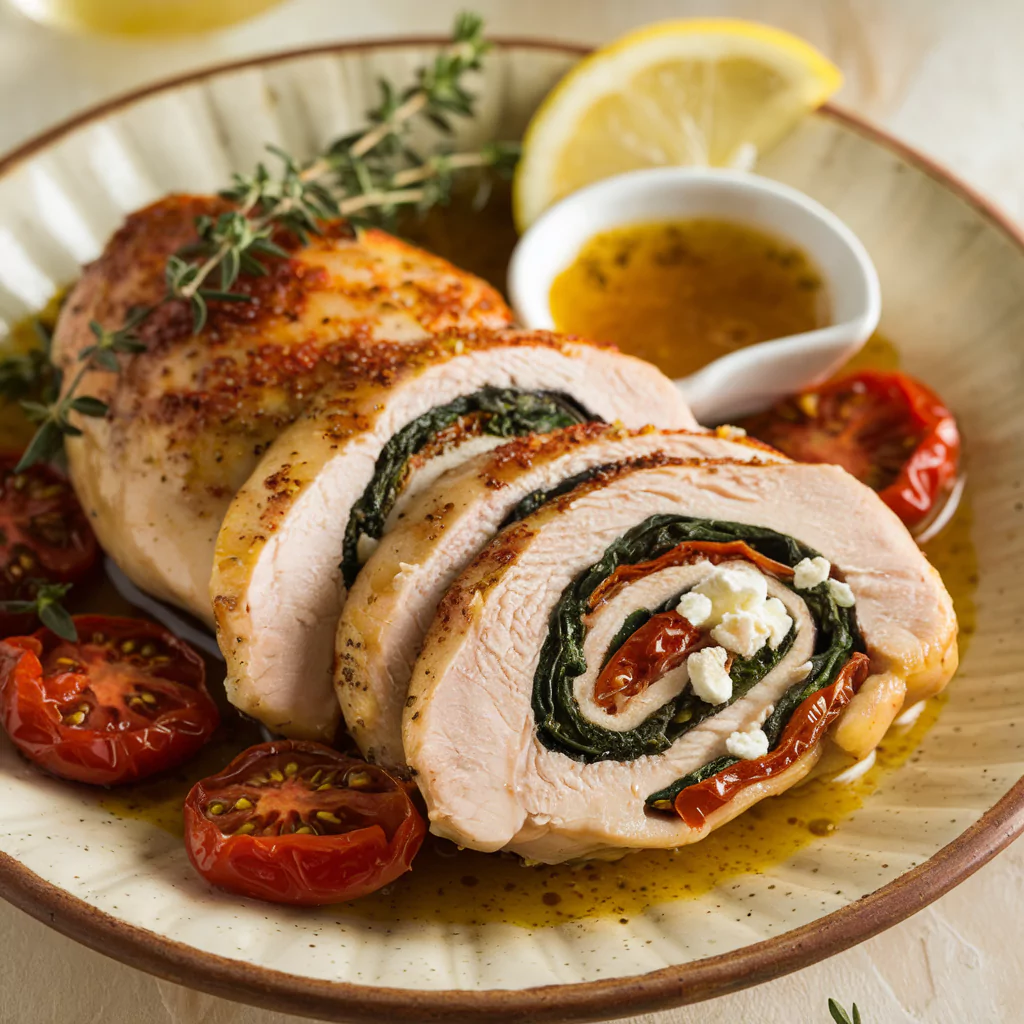 Mediterranean stuffed chicken breast with spinach, sun-dried tomatoes, and feta cheese, served with lemon-garlic sauce