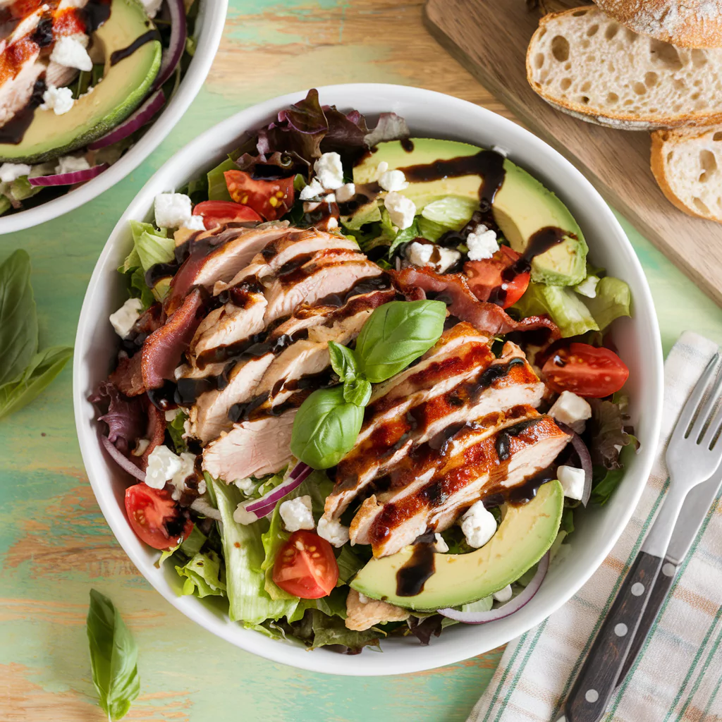 BLT Balsamic Chicken Avocado & Feta Salad served with crusty bread on a wooden table.