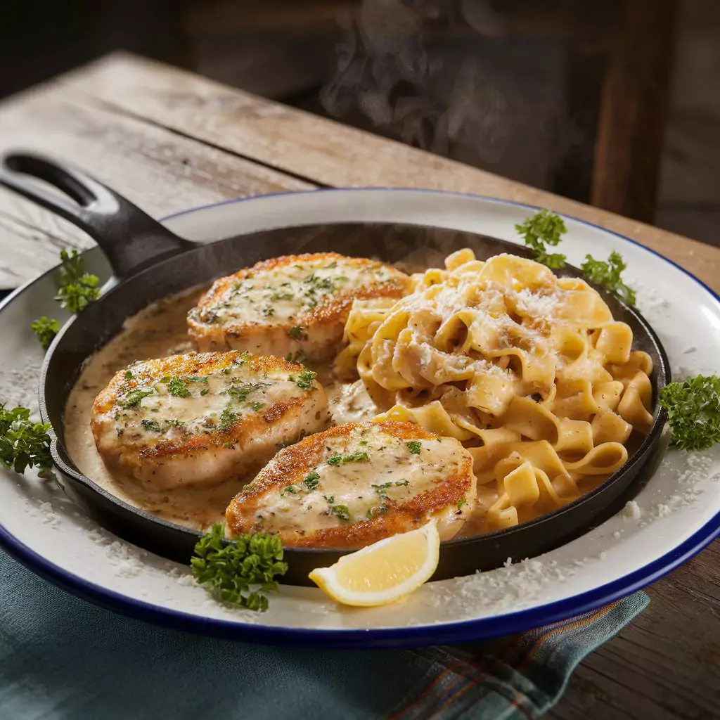 A skillet filled with creamy garlic Parmesan chicken topped with fresh parsley, ready to be served.