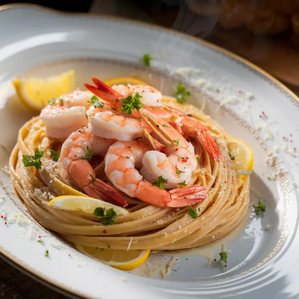 Garlic Shrimp Scampi with Linguine on a white plate, garnished with parsley and lemon slices