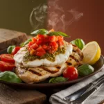 Grilled Chicken Margherita with melted mozzarella, basil pesto, and tomato basil garnish on a white plate.