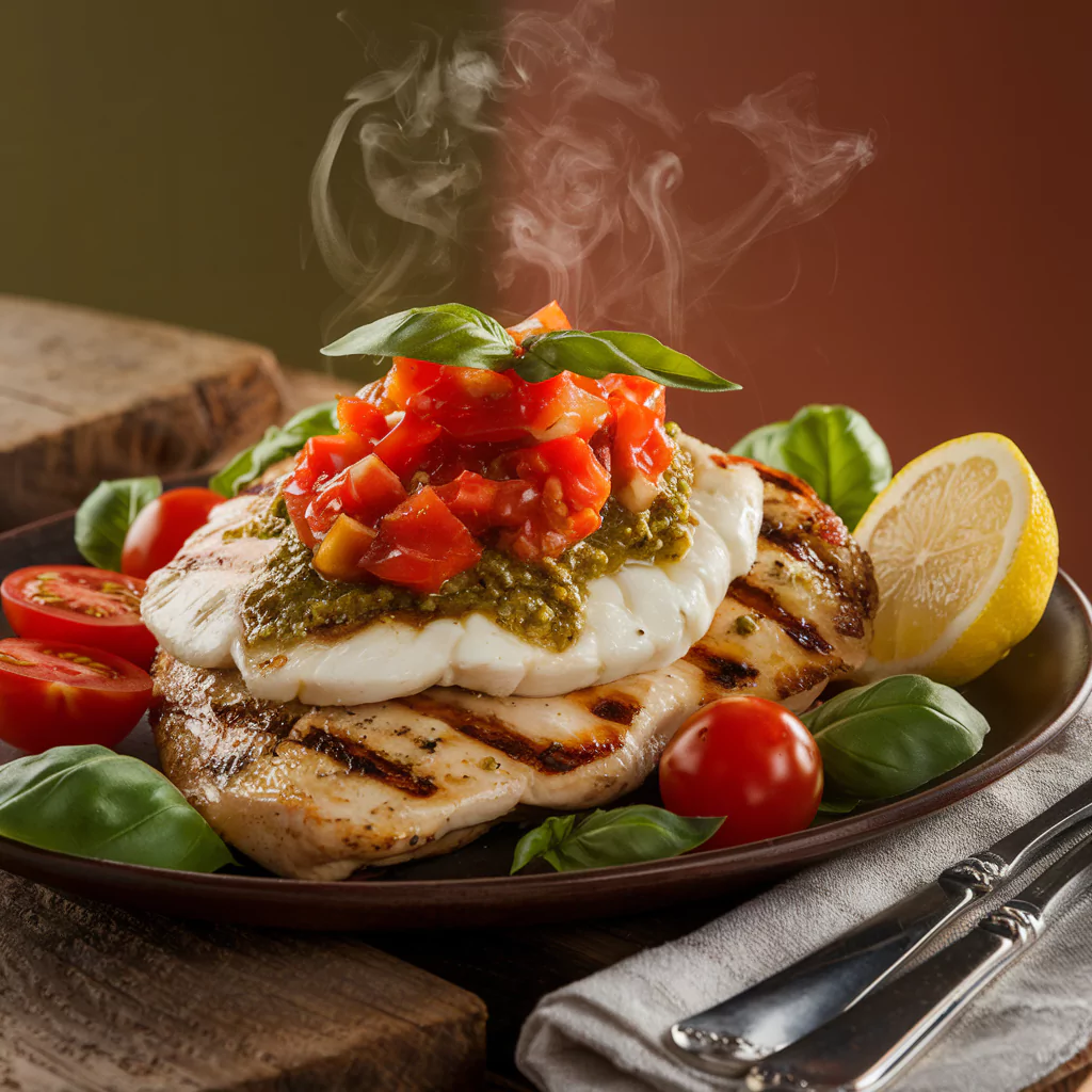 Grilled Chicken Margherita with melted mozzarella, basil pesto, and tomato basil garnish on a white plate.