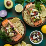 Grilled herb-crusted salmon with avocado Mediterranean salsa and lemon-herb orzo in wooden bowls, surrounded by fresh ingredients