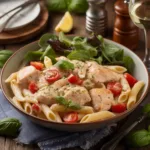 Creamy chicken pasta with cherry tomatoes and basil in a wide bowl, served with mixed green salad