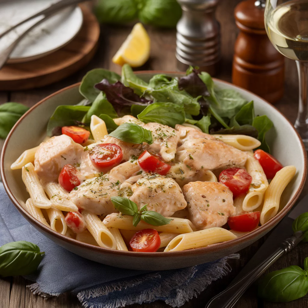 Creamy chicken pasta with cherry tomatoes and basil in a wide bowl, served with mixed green salad