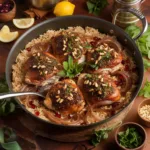 One Pot Aromatic Shawarma Chicken and Rice with caramelized onions and herbs