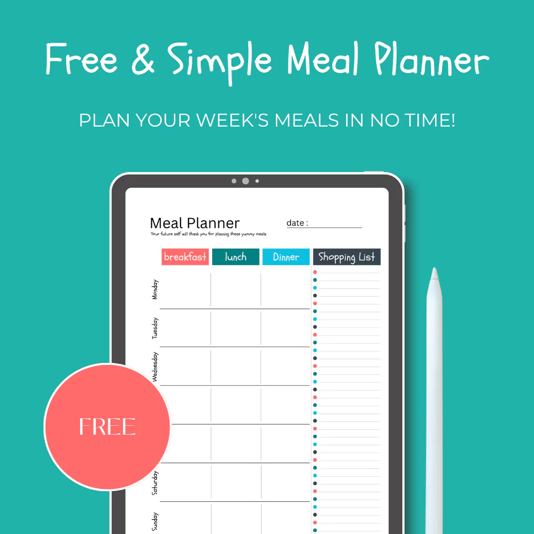 Weekly meal planner with sections for breakfast, lunch, dinner, and a shopping list.