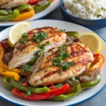 Zesty Skillet Chicken with colorful bell peppers and caramelized onions, served with a side of rice on a rustic plate.