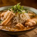 Hawaiian-Style Chicken Long Rice in a bowl, featuring tender chicken, translucent noodles, and green onions in a savory ginger broth.