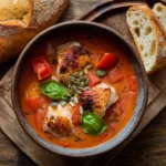 Rustic bowl of smoky chicken tomato bisque with roasted vegetables, garnished with herbs and seeds.