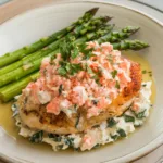 Crab-topped chicken breast with asparagus on white plate. Golden-brown chicken, creamy crab mixture, fresh herbs visible.