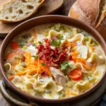 Creamy Crack Chicken Noodle Soup with tender chicken, egg noodles, vegetables, and bacon in a rich broth, served with crusty bread.