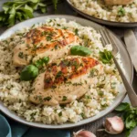 Heavenly Angel Chicken with Herb Rice: Golden chicken breasts in creamy sauce over fluffy herb-flecked rice, garnished with fresh herbs.