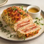 Herb-crusted chicken meatloaf with prosciutto layers, sliced on a plate with a side of sauce and fresh herb garnish.