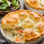 Golden-topped Cheddar Biscuit Chicken Pot Pie with creamy filling, served alongside a fresh green salad.