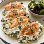 Creamy Chicken and Cottage Cheese Bake with golden, melted cheese, spinach, and tender chicken breasts in a baking dish.