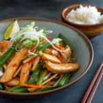 Kraft Asian dressing chicken stir-fry with yellow peppers and sugar snap peas, served with steamed rice.