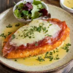 Golden breaded chicken breast topped with melted cheese and lemon-caper sauce, served with a side salad.