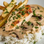 Creamy Brazilian chicken stroganoff served over white rice, topped with crispy potato sticks and fresh parsley