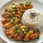 Crispy Hawaiian garlic chicken pieces glazed in sweet soy sauce, garnished with green onions and sesame seeds, served with steamed rice