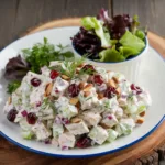 Cape Cod Cranberry Chicken Salad on blue plate: diced chicken, dried cranberries, almonds in creamy dressing with side salad.